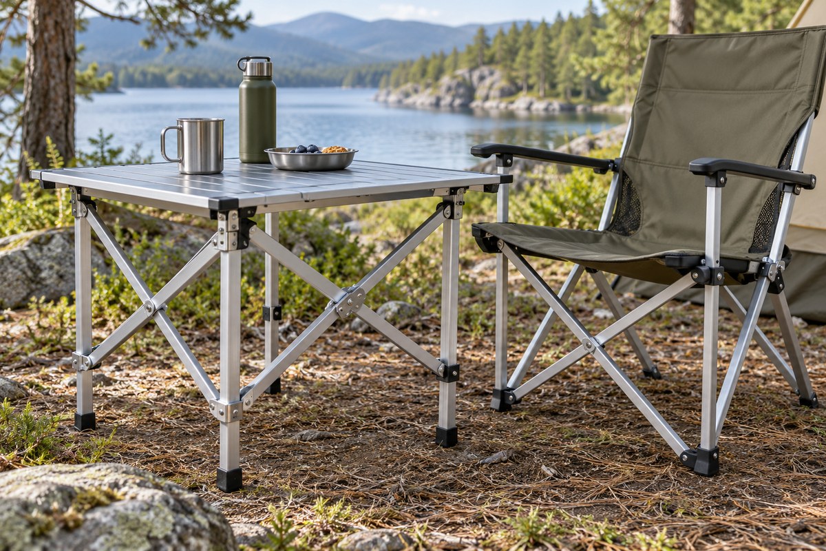 Illustrative aluminium-frame camping furniture and connection hardware